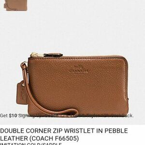 Coach F66505 Pebble Leather Double Corner Zip Wristlet, IM/Saddle